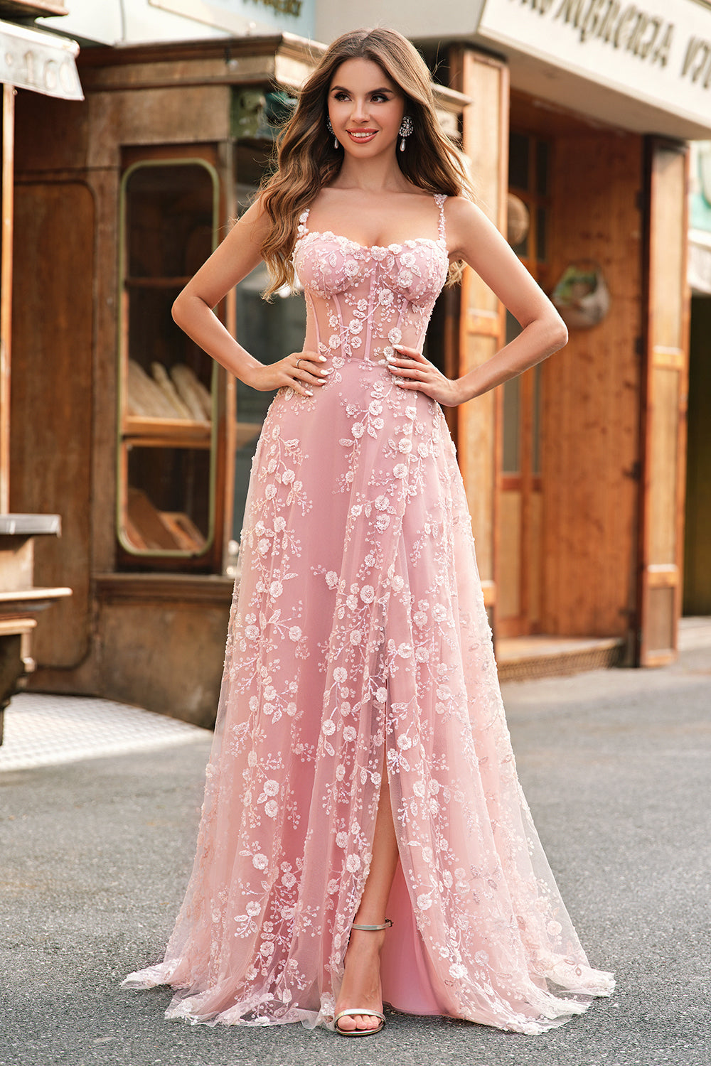 A Line Blush Spaghetti Straps Sequin Corset Prom Dress With Slit