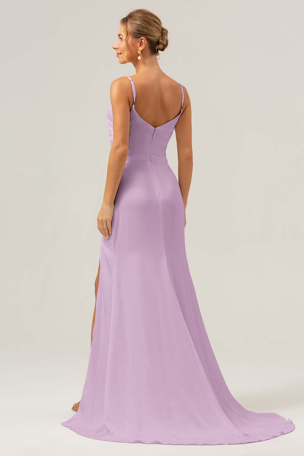 Black Sheath Spaghetti Straps Ruched Long Satin Bridesmaid Dress with Slit