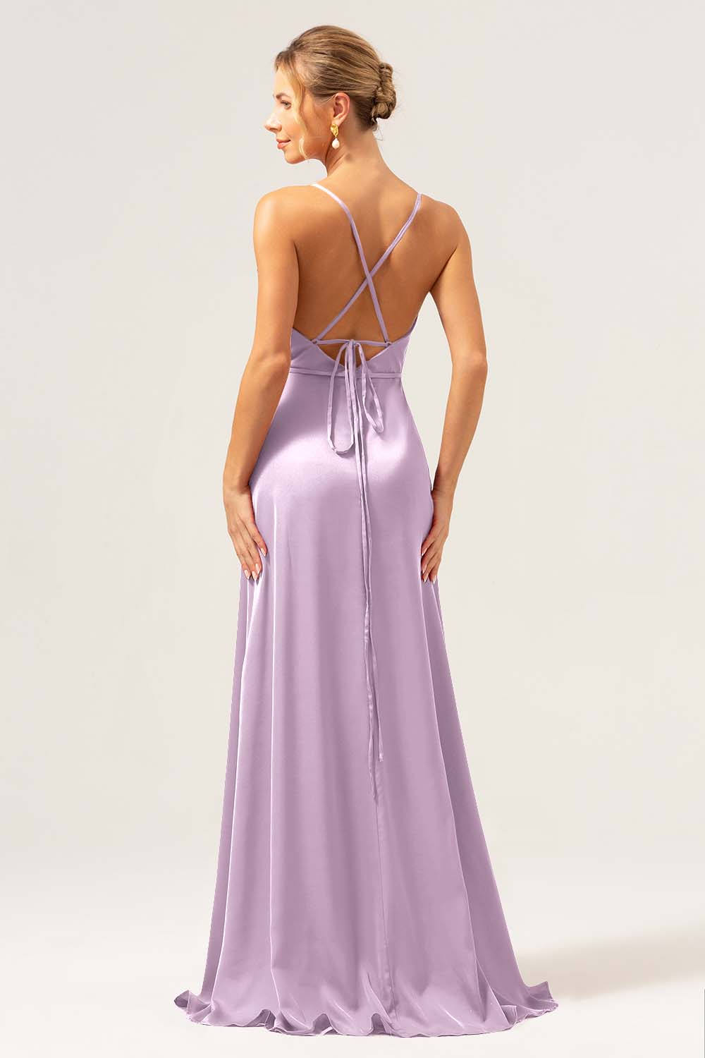 Dark Navy A Line Cowl Neck Long Satin Bridesmaid Dress with Slit
