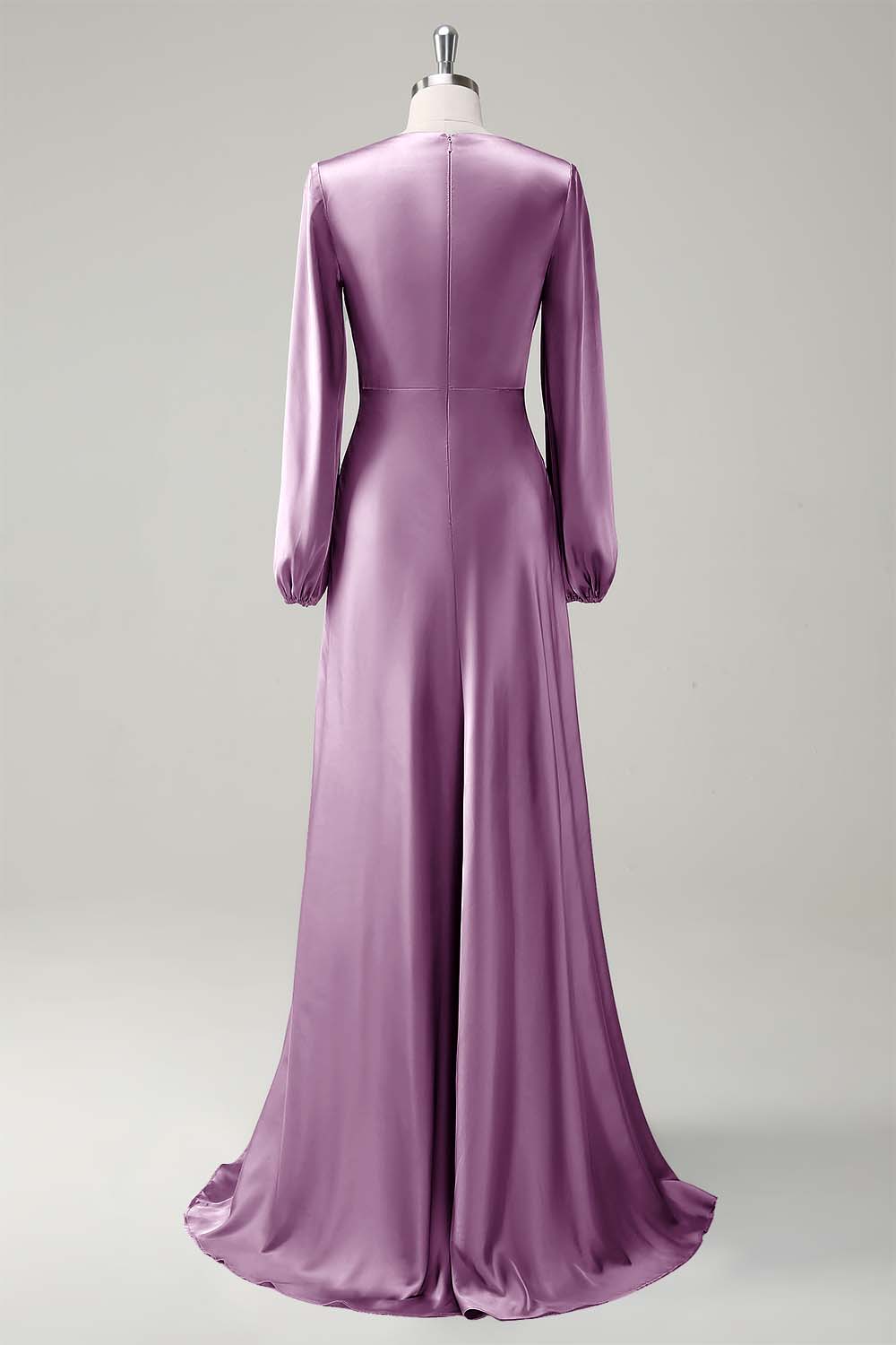 Agave A-Line Round Neck Satin Long Bridesmaid Dress with Long Sleeves