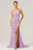 Black Sheath Spaghetti Straps Ruched Long Satin Bridesmaid Dress with Slit