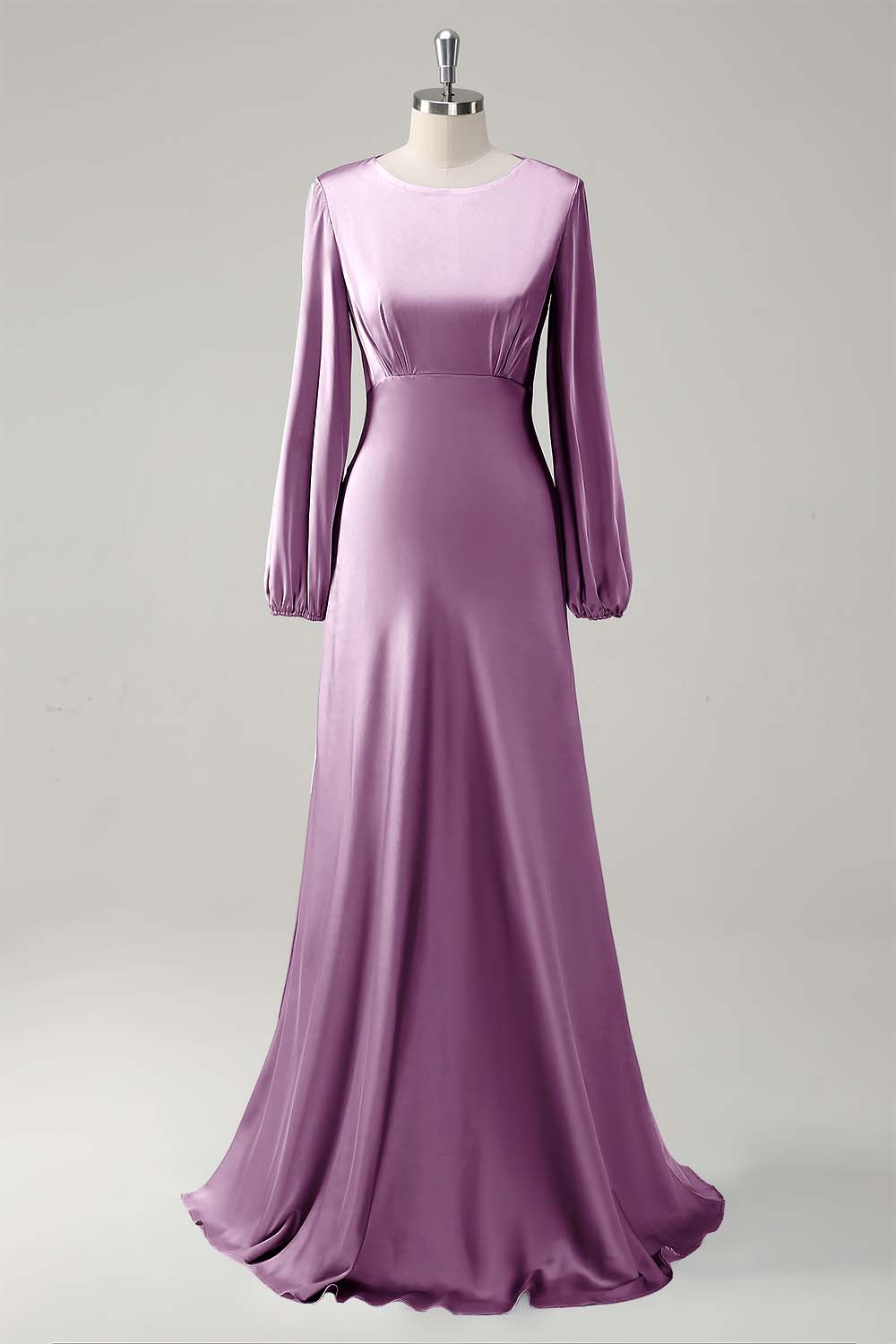 Agave A-Line Round Neck Satin Long Bridesmaid Dress with Long Sleeves