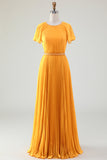 A-Line Round Neck Pleated Yellow Mother of Bride Dress