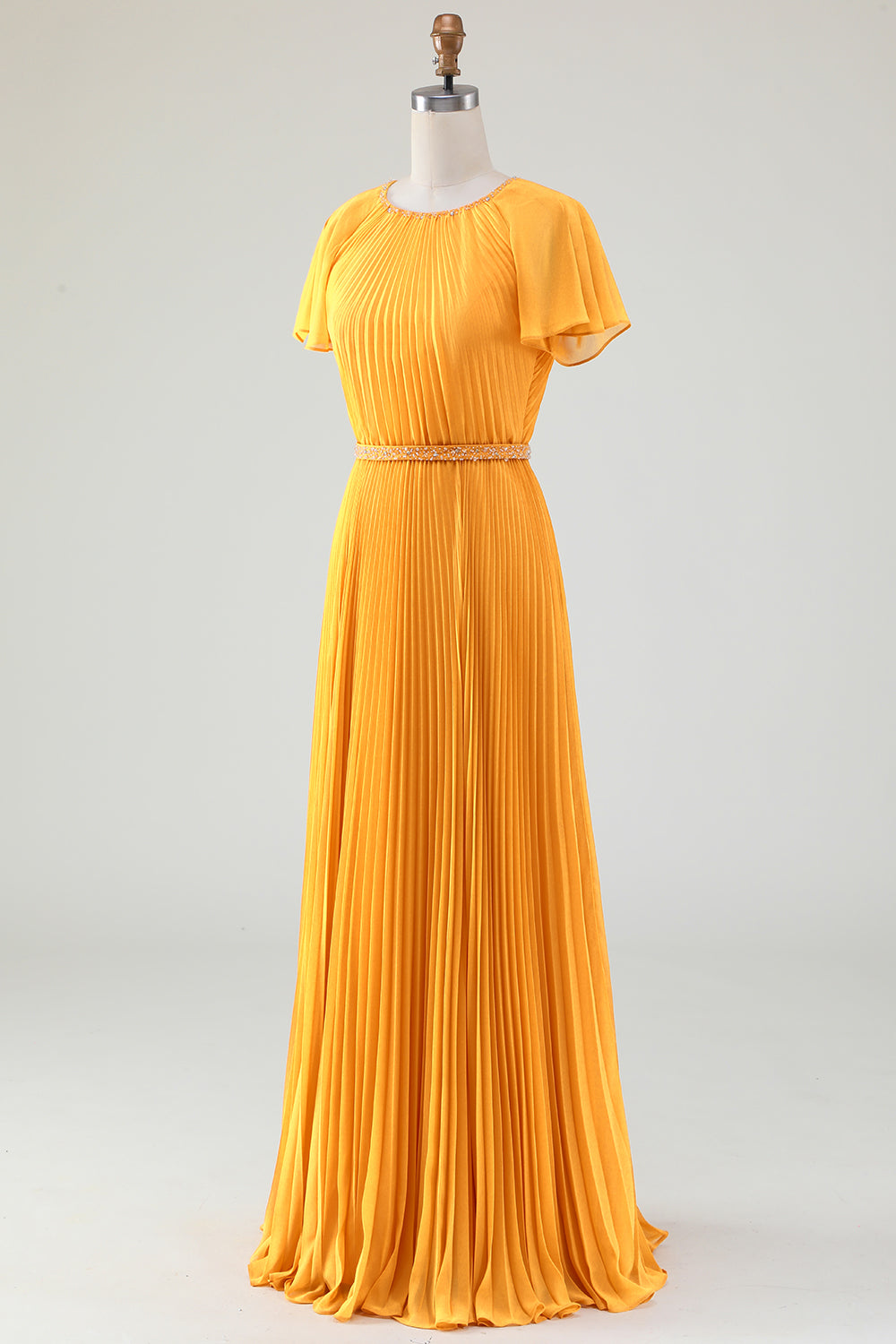 A-Line Round Neck Pleated Yellow Mother of Bride Dress
