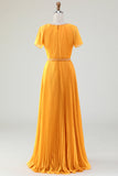 A-Line Round Neck Pleated Yellow Mother of Bride Dress