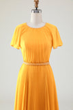 A-Line Round Neck Pleated Yellow Mother of Bride Dress