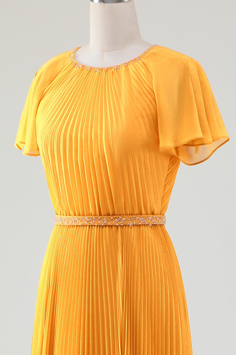 A-Line Round Neck Pleated Yellow Mother of Bride Dress