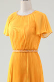 A-Line Round Neck Pleated Yellow Mother of Bride Dress