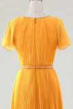 A-Line Round Neck Pleated Yellow Mother of Bride Dress