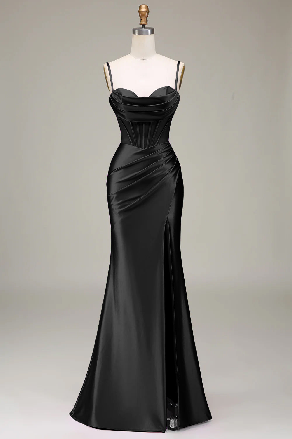 Dark Green Mermaid Spaghetti Straps Corset Satin Prom Dress with Slit