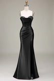 Dark Green Mermaid Spaghetti Straps Corset Satin Prom Dress with Slit