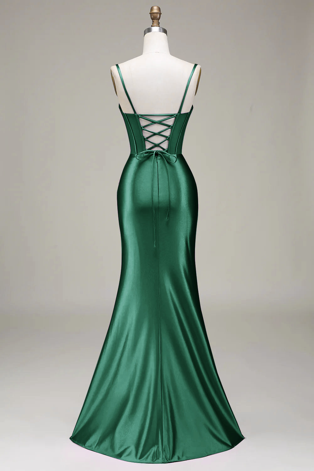 Dark Green Mermaid Spaghetti Straps Corset Satin Prom Dress with Slit