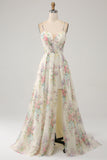 A-Line Flower Printed Ivory Long Prom Dress with Slit