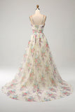 A-Line Flower Printed Ivory Long Prom Dress with Slit
