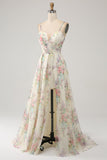 A-Line Flower Printed Ivory Long Prom Dress with Slit