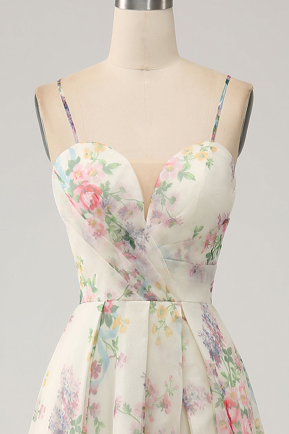 A-Line Flower Printed Ivory Long Prom Dress with Slit