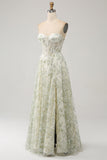 Light Green A-Line Corset Long Prom Dress with Embroidery