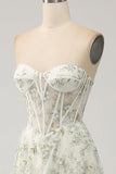 Light Green A-Line Corset Long Prom Dress with Embroidery