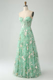 Light Green A-Line Corset Long Prom Dress with Embroidery