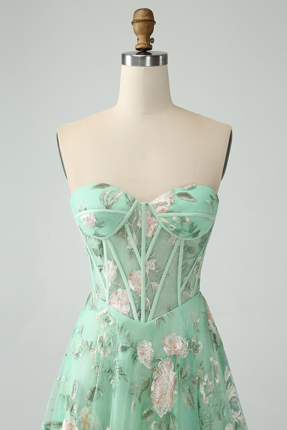 Light Green A-Line Corset Long Prom Dress with Embroidery