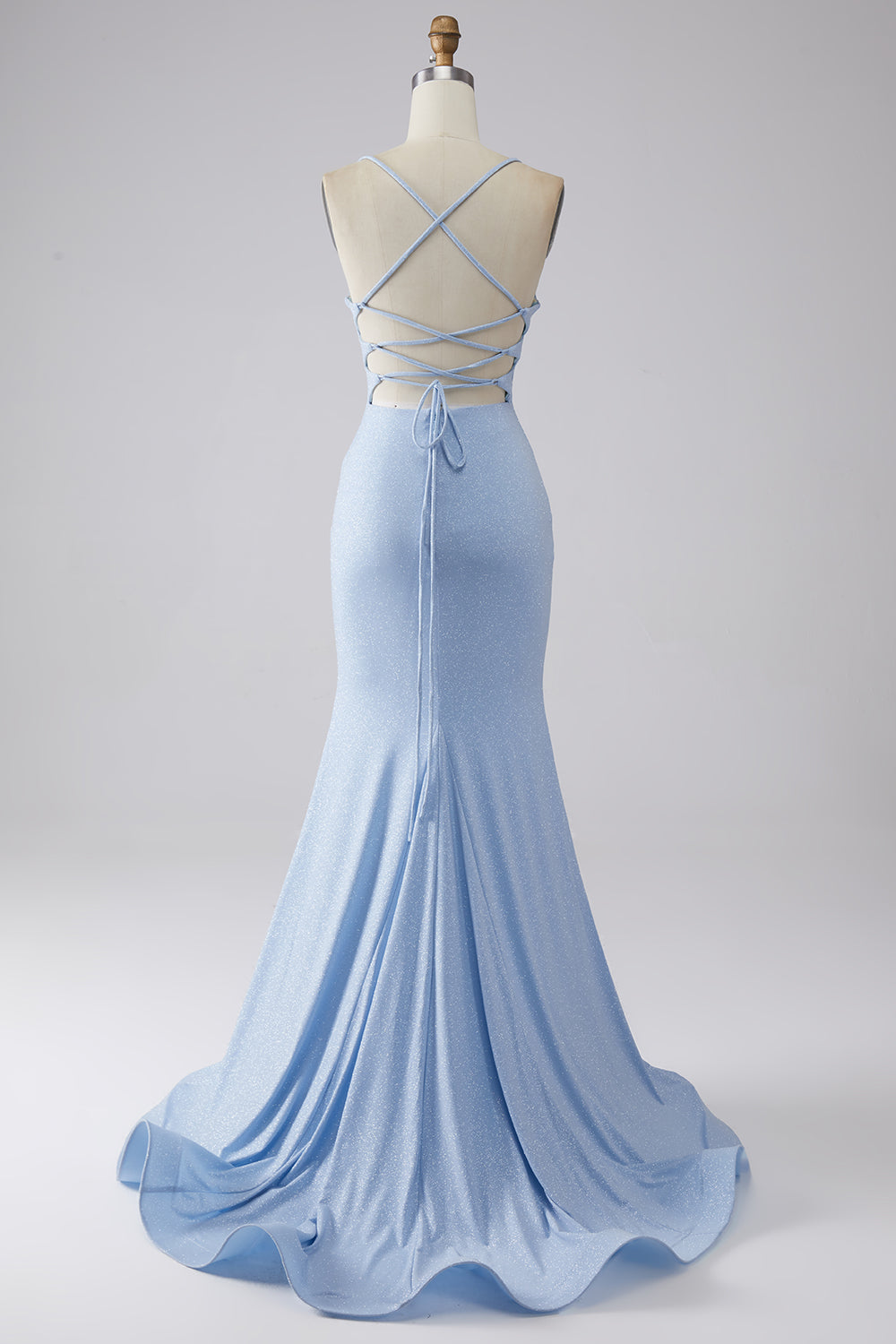 Light Blue Sparkly Mermaid Lace Up Back Long Prom Dress with Slit