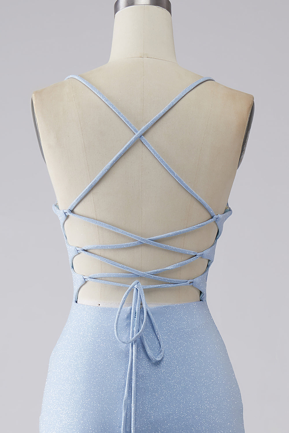 Light Blue Sparkly Mermaid Lace Up Back Long Prom Dress with Slit