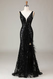 Sparkly Black Depp V-neck Mermaid Long Prom Dress with Feathers