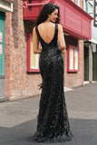 Sparkly Depp V-neck Mermaid Black Prom Dress with Feathers