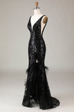 Sparkly Depp V-neck Mermaid Black Prom Dress with Feathers