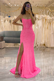 Glitter Hot Pink Sequins Mermaid Prom Dress with Slit