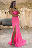 Glitter Hot Pink Sequins Mermaid Prom Dress with Slit