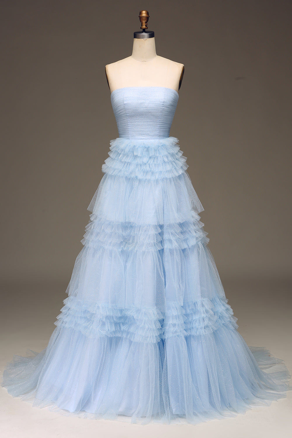 Light Blue A Line Tiered Strapless Tulle Prom Dress with Slit