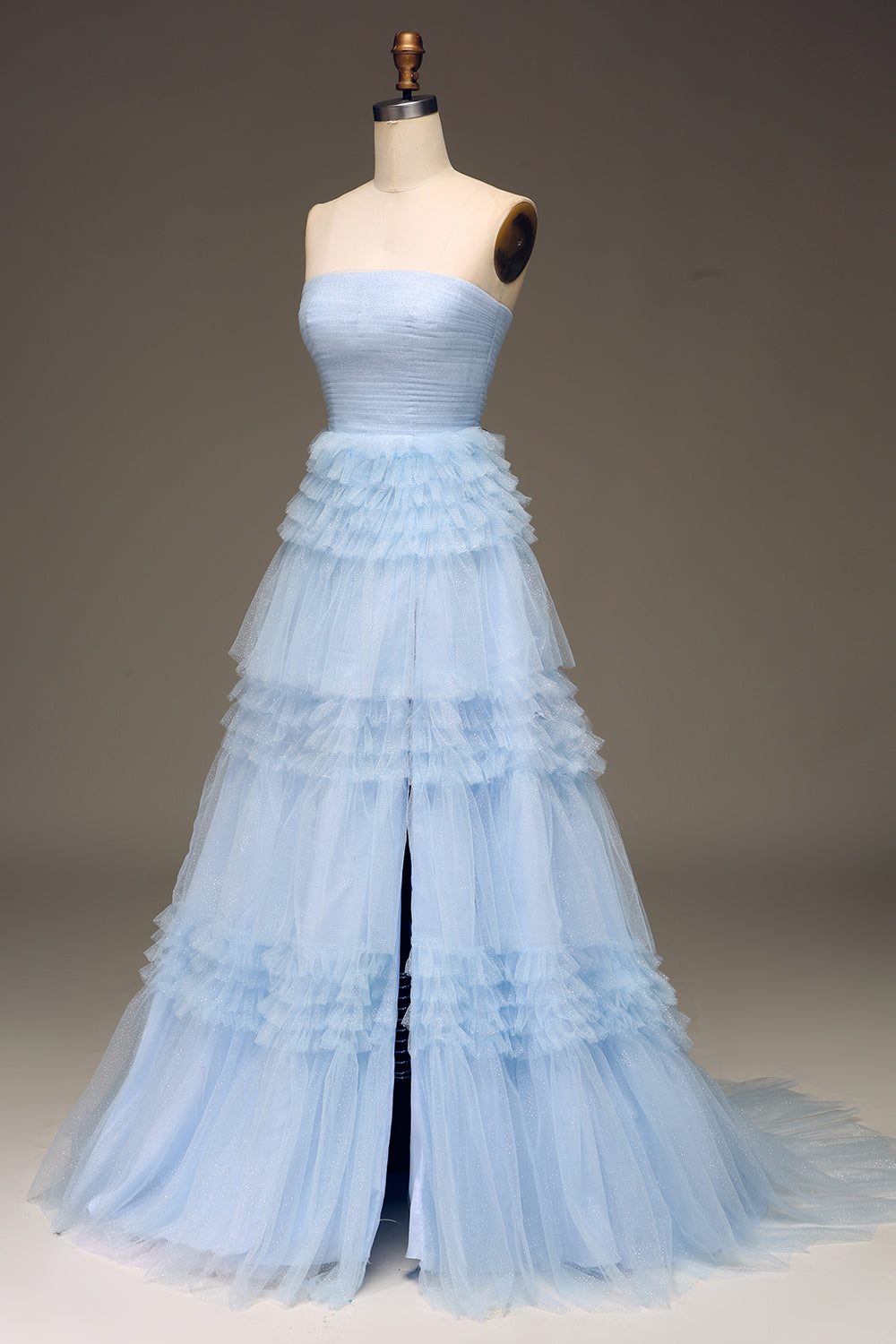 Light Blue A Line Tiered Strapless Tulle Prom Dress with Slit