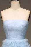 Light Blue A Line Tiered Strapless Tulle Prom Dress with Slit