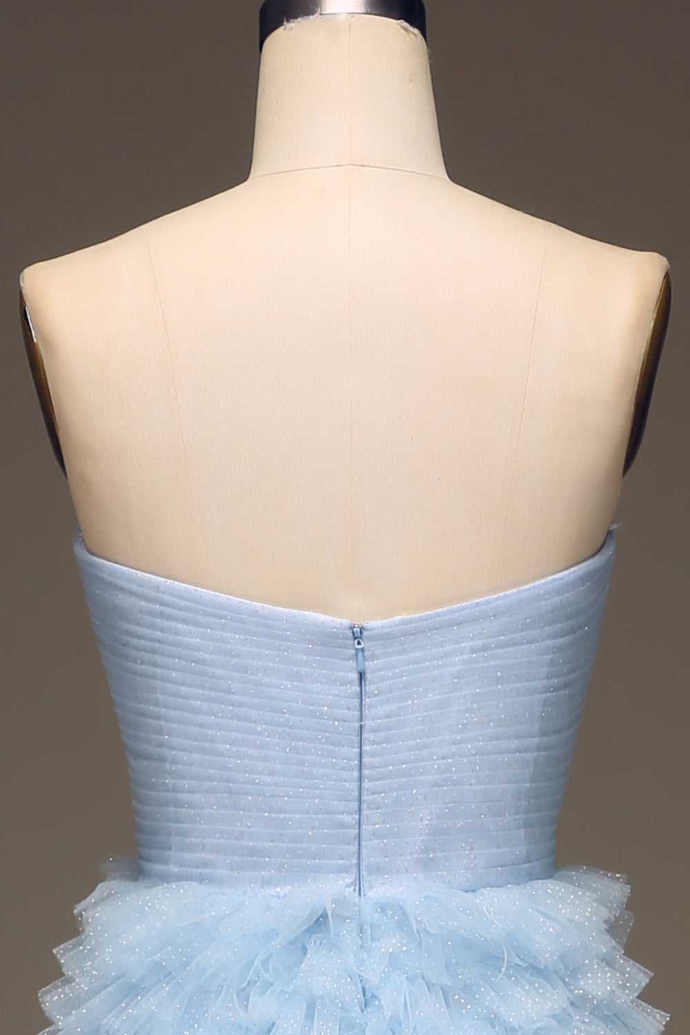 Light Blue A Line Tiered Strapless Tulle Prom Dress with Slit