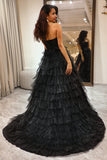 Black Sparkly Strapless Tiered Prom Dress with Slit