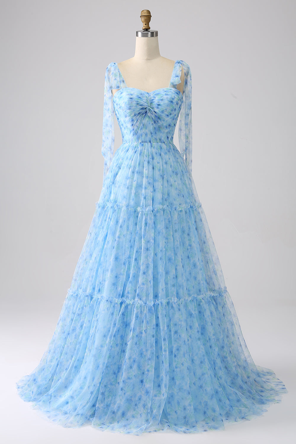 A-Line Spaghetti Straps Light Blue Long Prom Dress