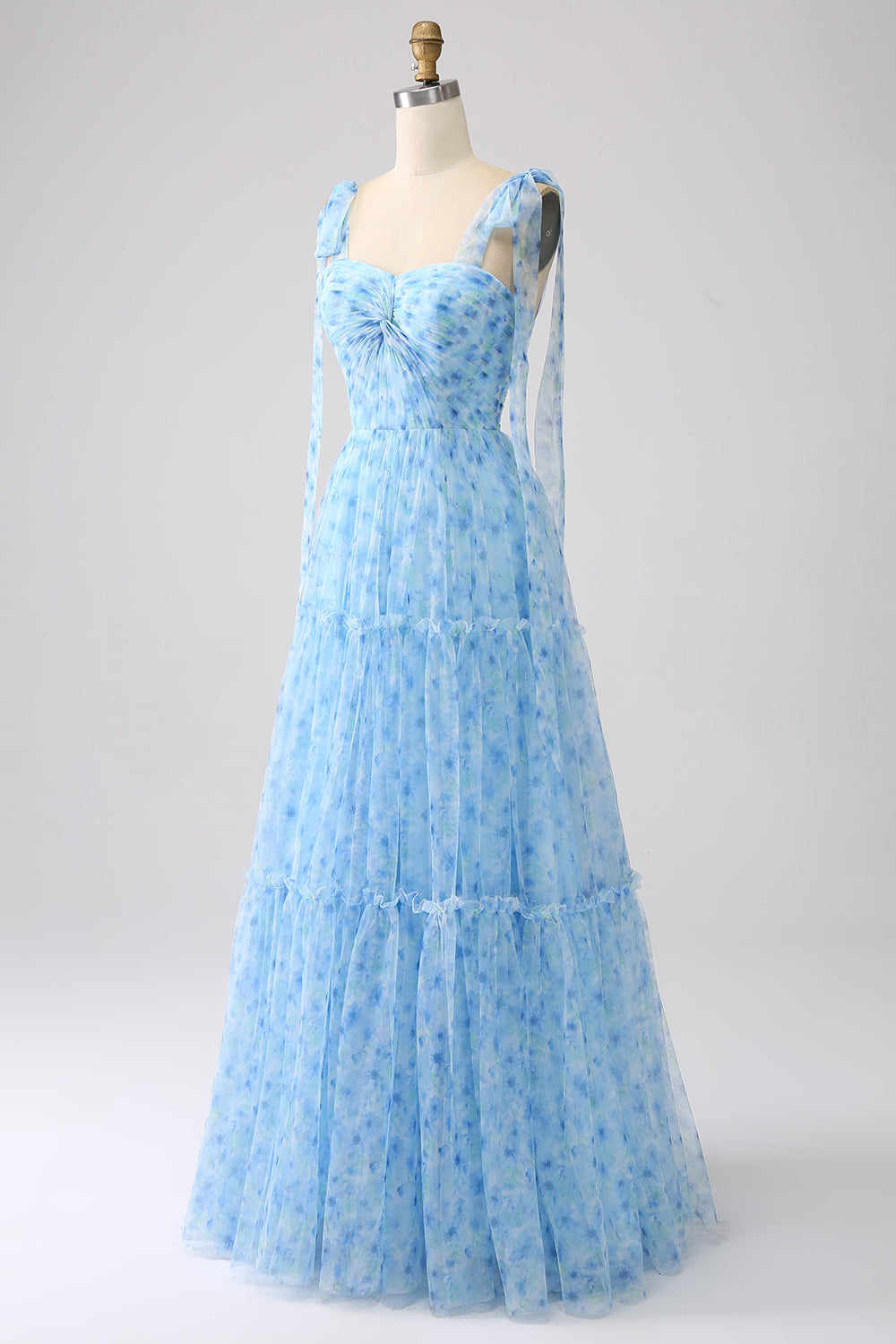 A-Line Spaghetti Straps Light Blue Long Prom Dress