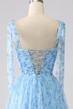 A-Line Spaghetti Straps Light Blue Long Prom Dress