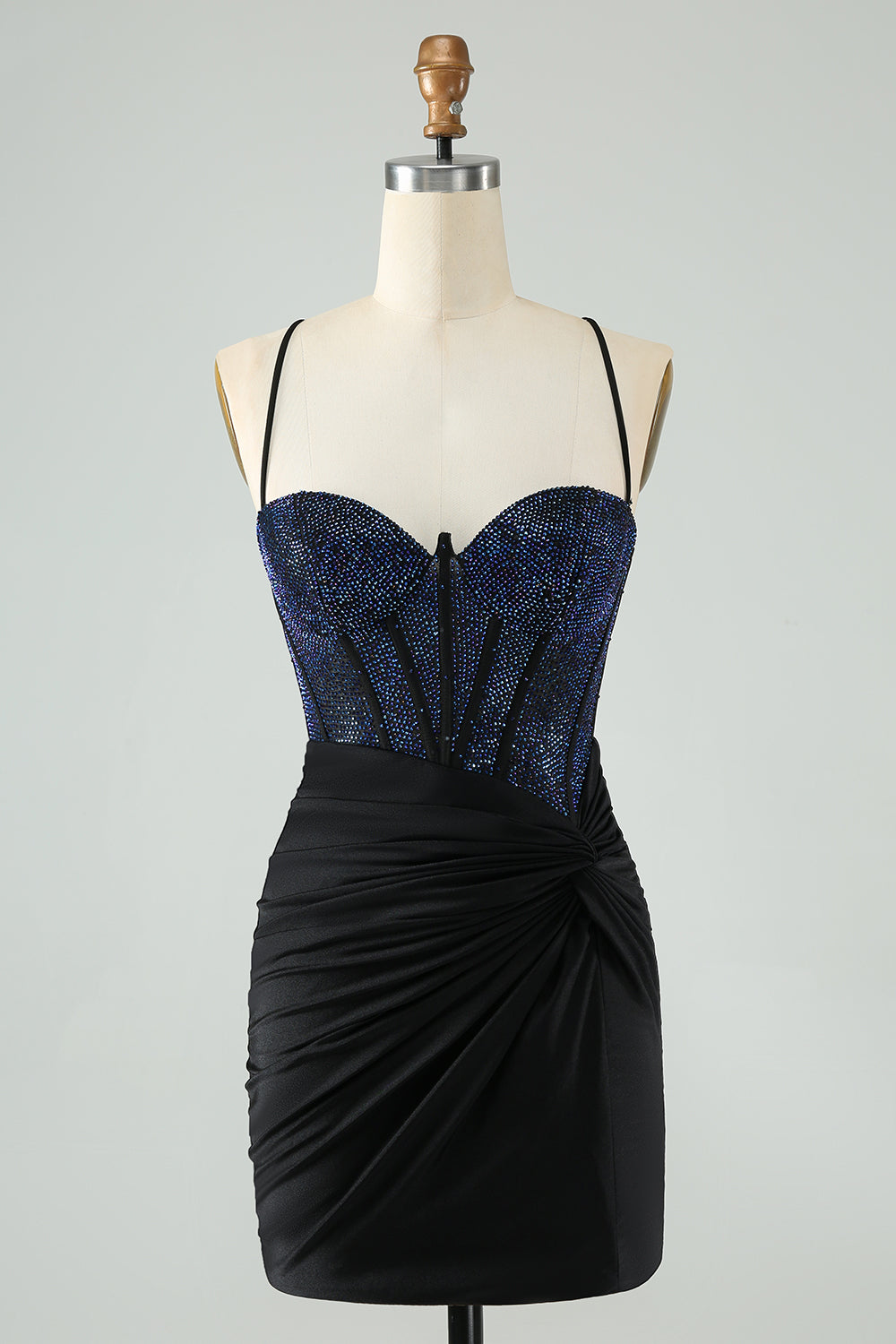 Glitter Bodycon Spaghetti Straps Corset Little Black Dress with Beading