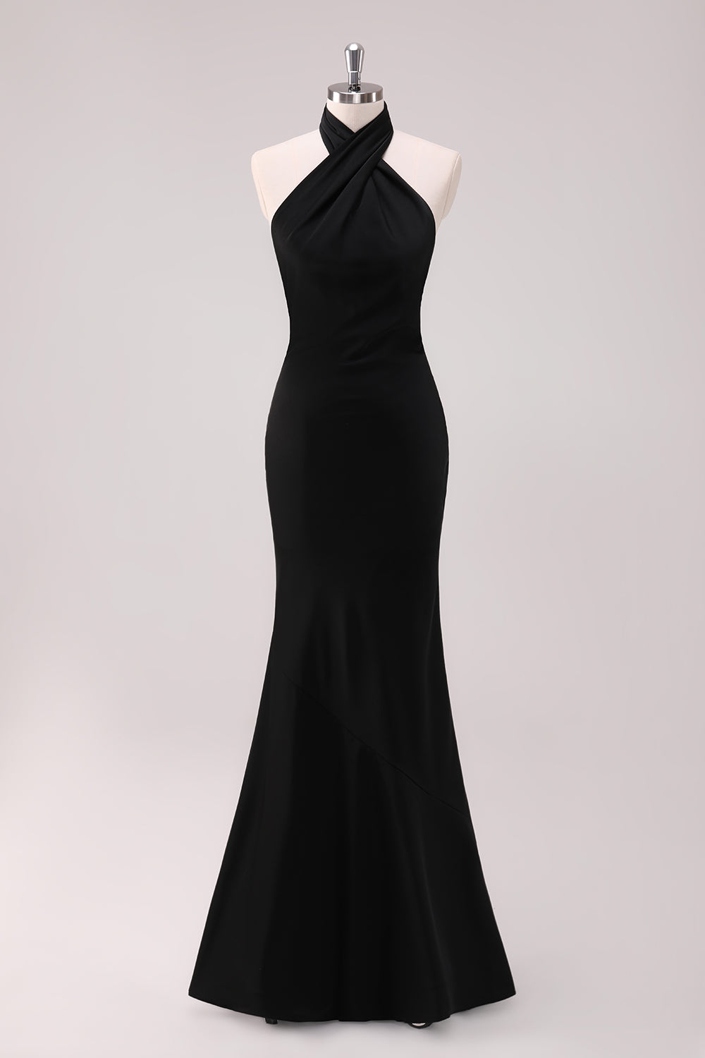 Black Mermaid Halter Open Back Floor Length Satin Bridesmaid Dress