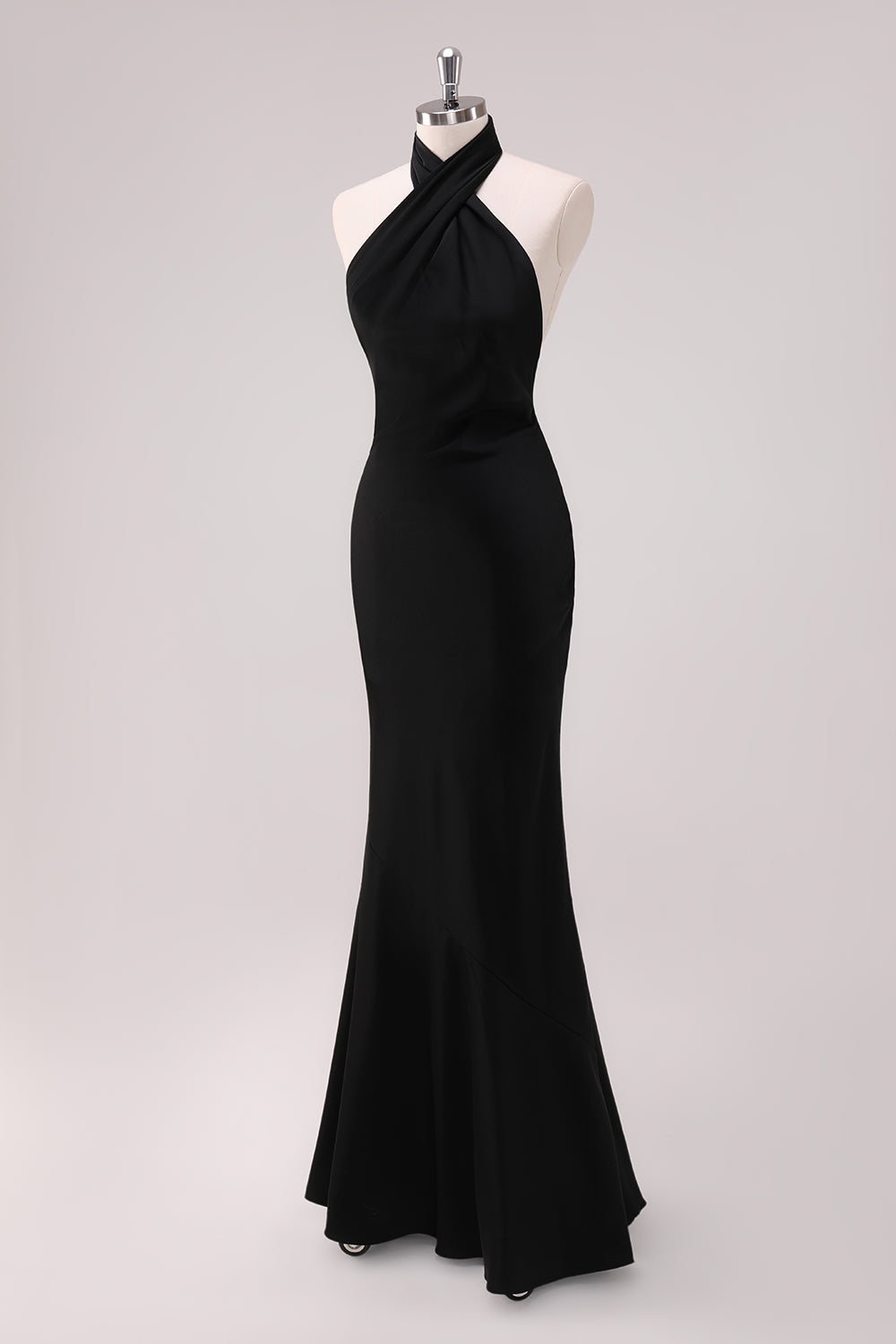 Black Mermaid Halter Open Back Floor Length Satin Bridesmaid Dress