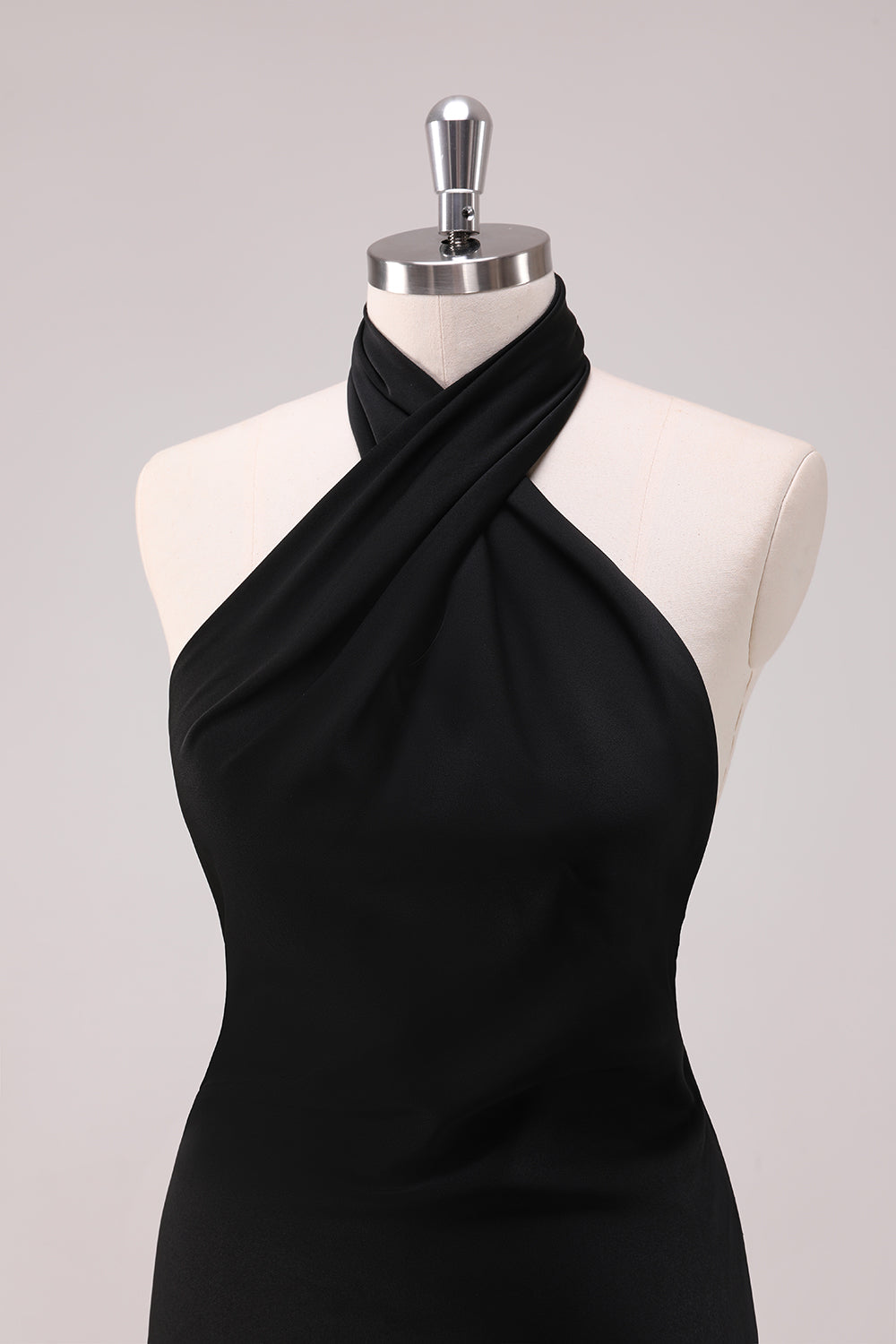 Black Mermaid Halter Open Back Floor Length Satin Bridesmaid Dress
