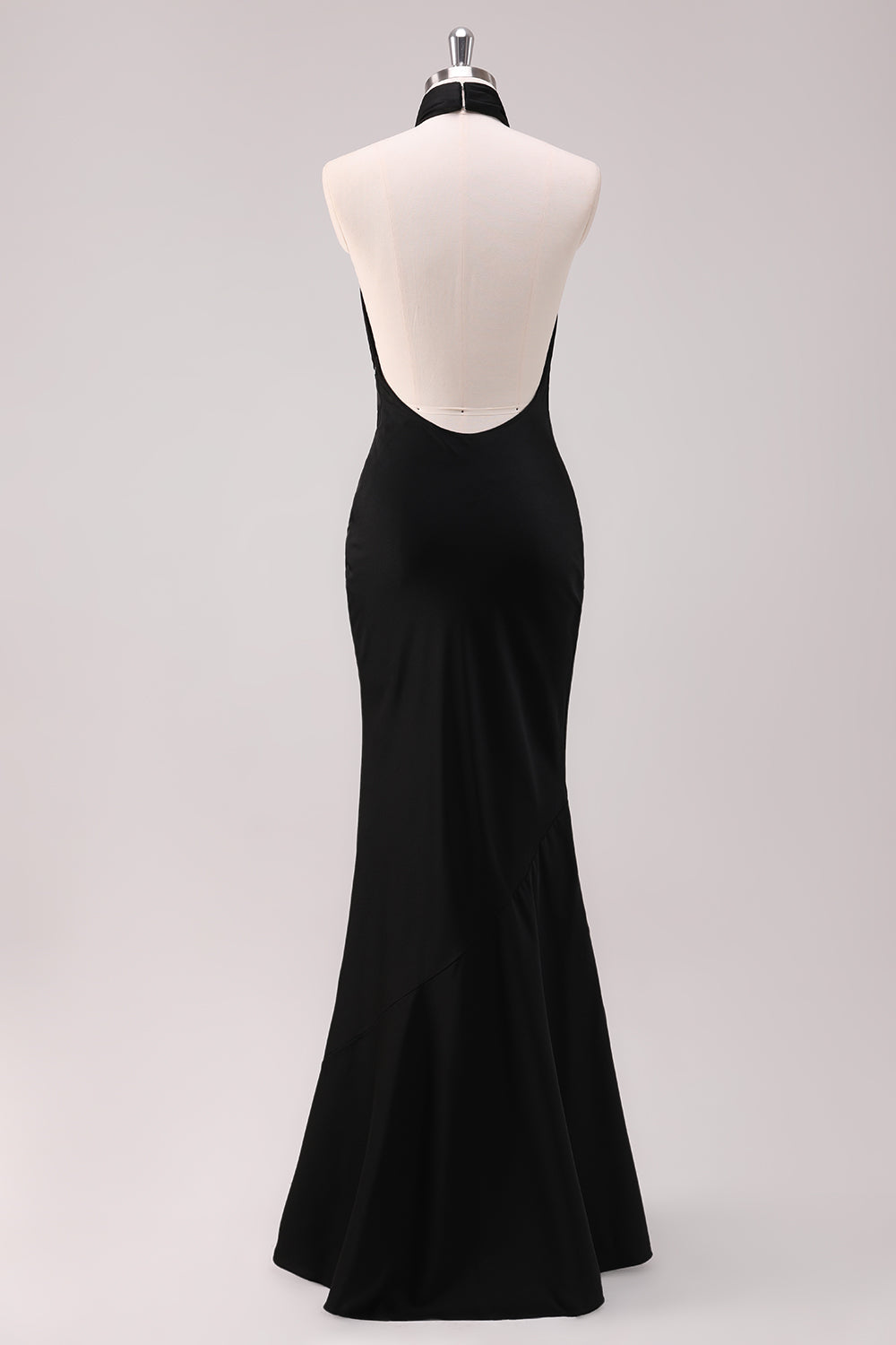 Black Mermaid Halter Open Back Floor Length Satin Bridesmaid Dress