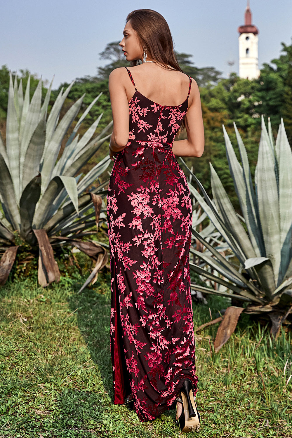 Sheath Spaghetti Straps Velvet Burnout Burgundy Bridesmaid Dress