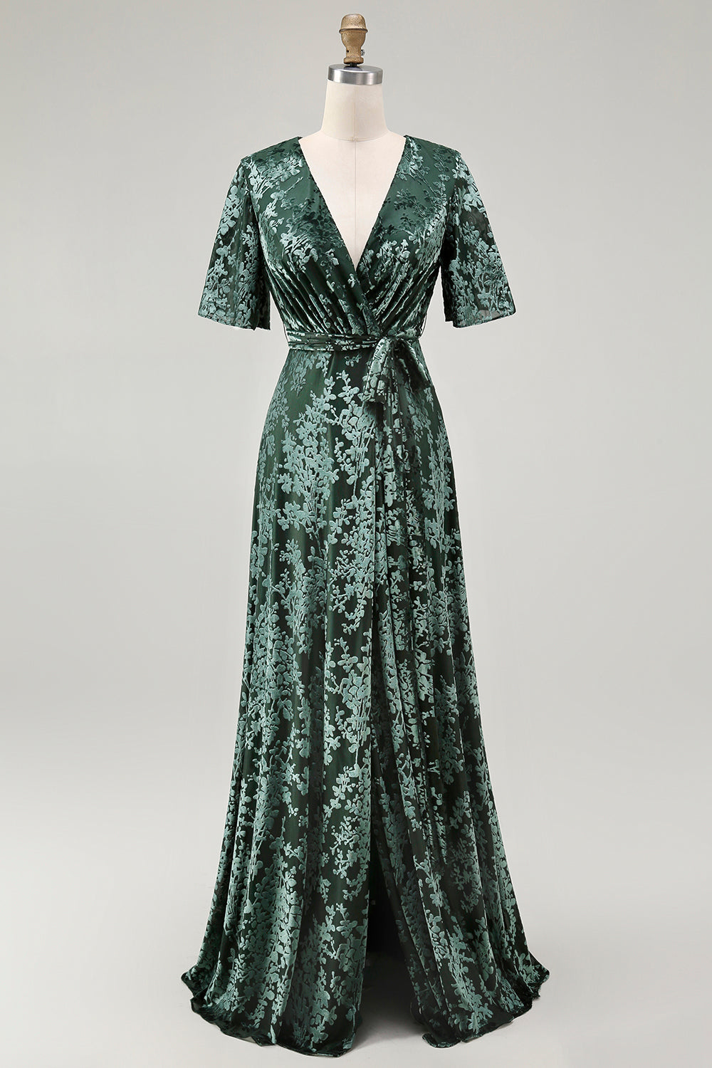 A-Line V Neck Dark Green Burnout Velvet Floor Length Dress with Short Sleeve