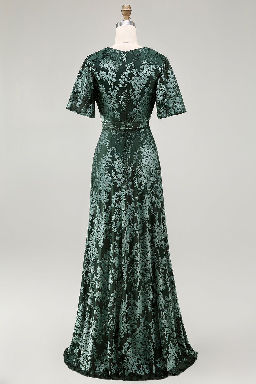 A-Line V Neck Dark Green Burnout Velvet Floor Length Dress with Short Sleeve