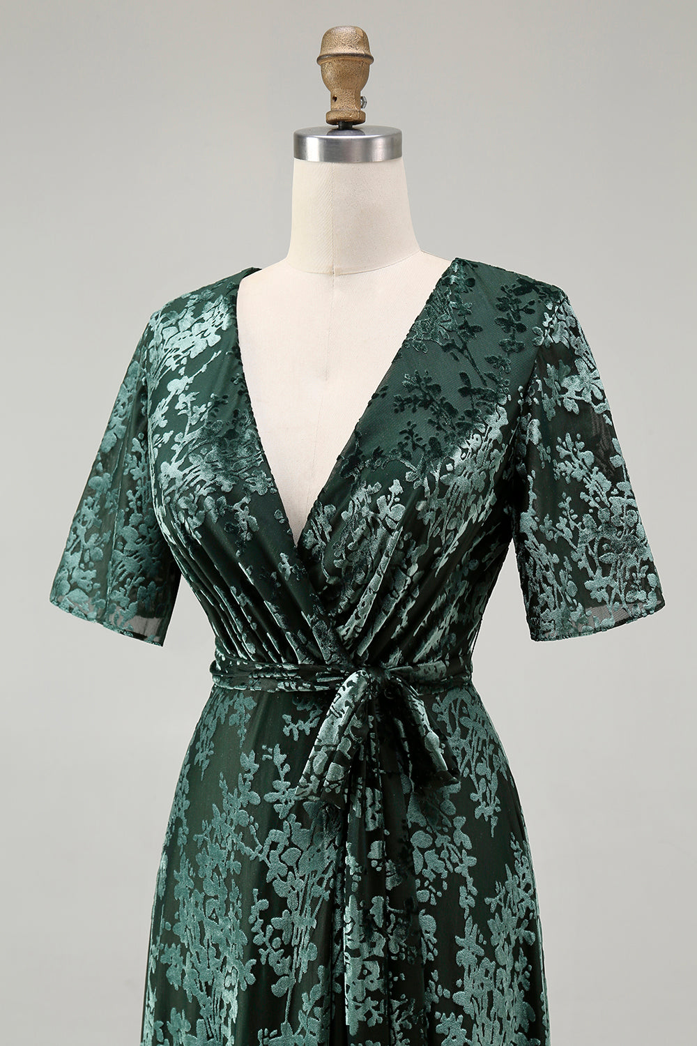 A-Line V Neck Dark Green Burnout Velvet Floor Length Dress with Short Sleeve