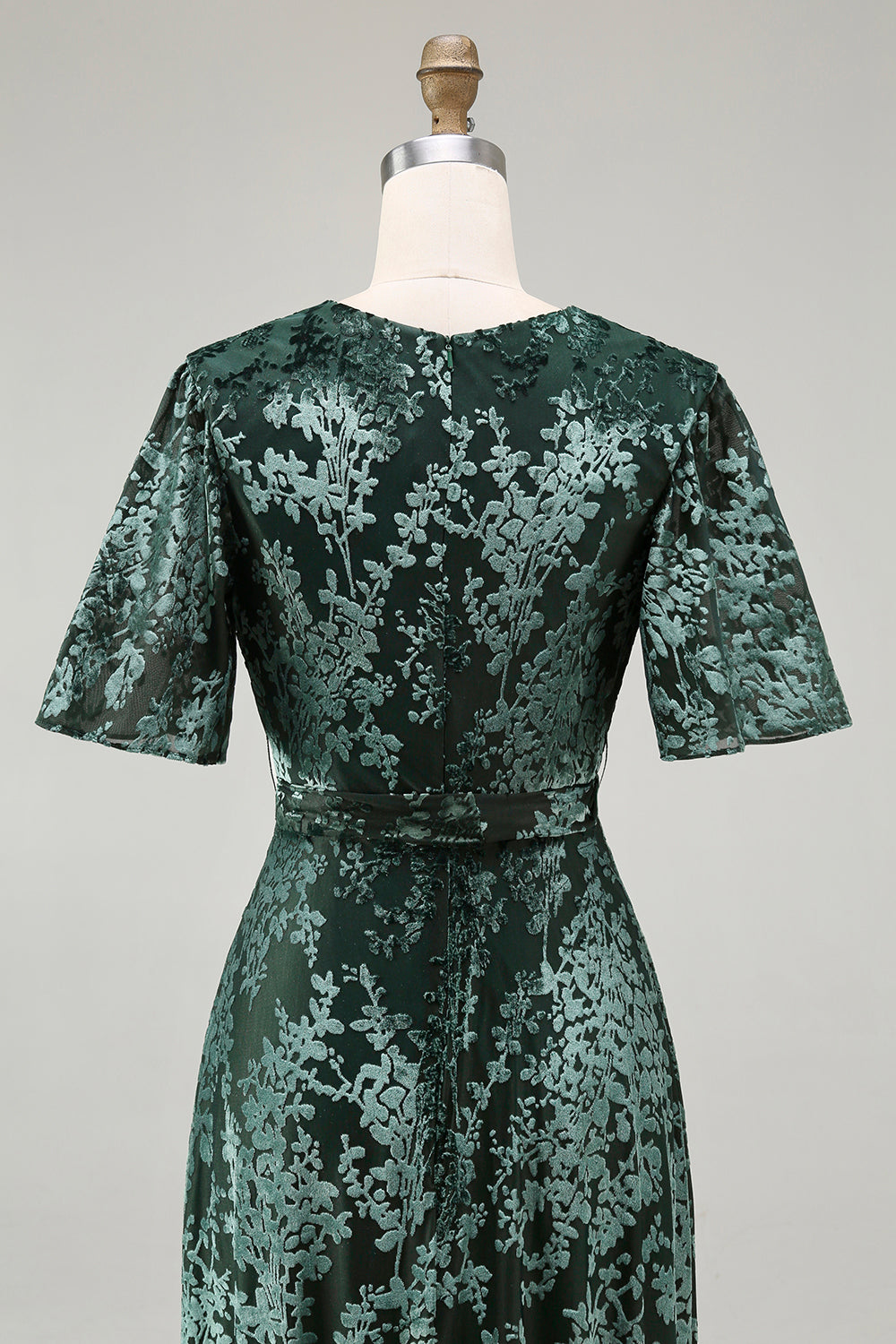 A-Line V Neck Dark Green Burnout Velvet Floor Length Dress with Short Sleeve