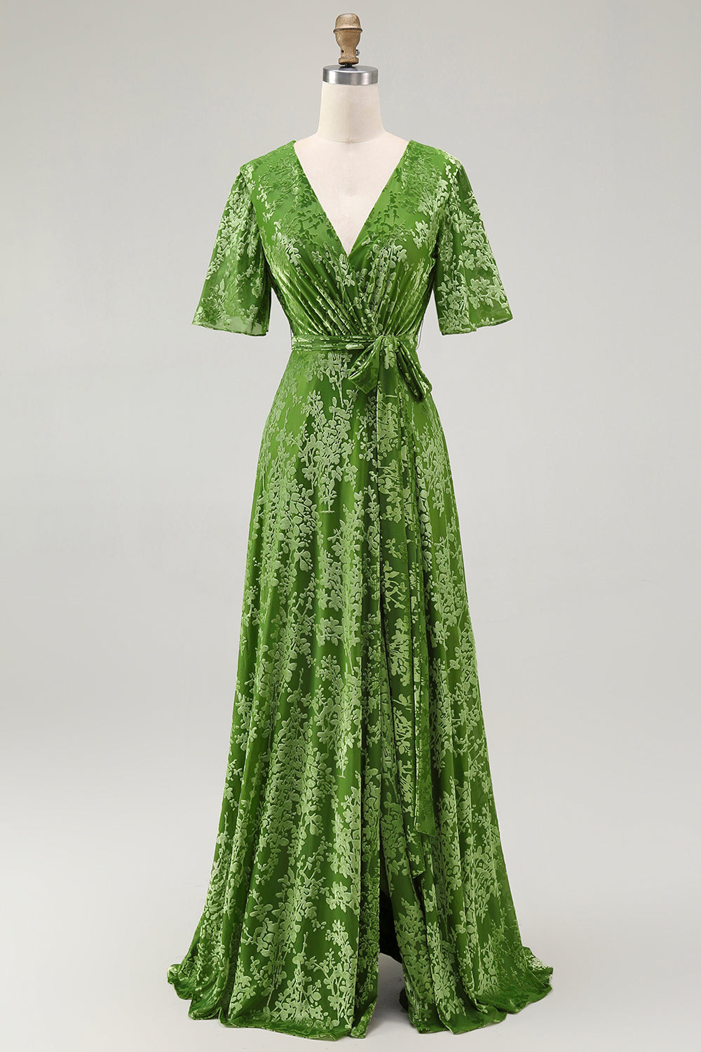 A-Line V Neck Dark Green Burnout Velvet Floor Length Dress with Short Sleeve